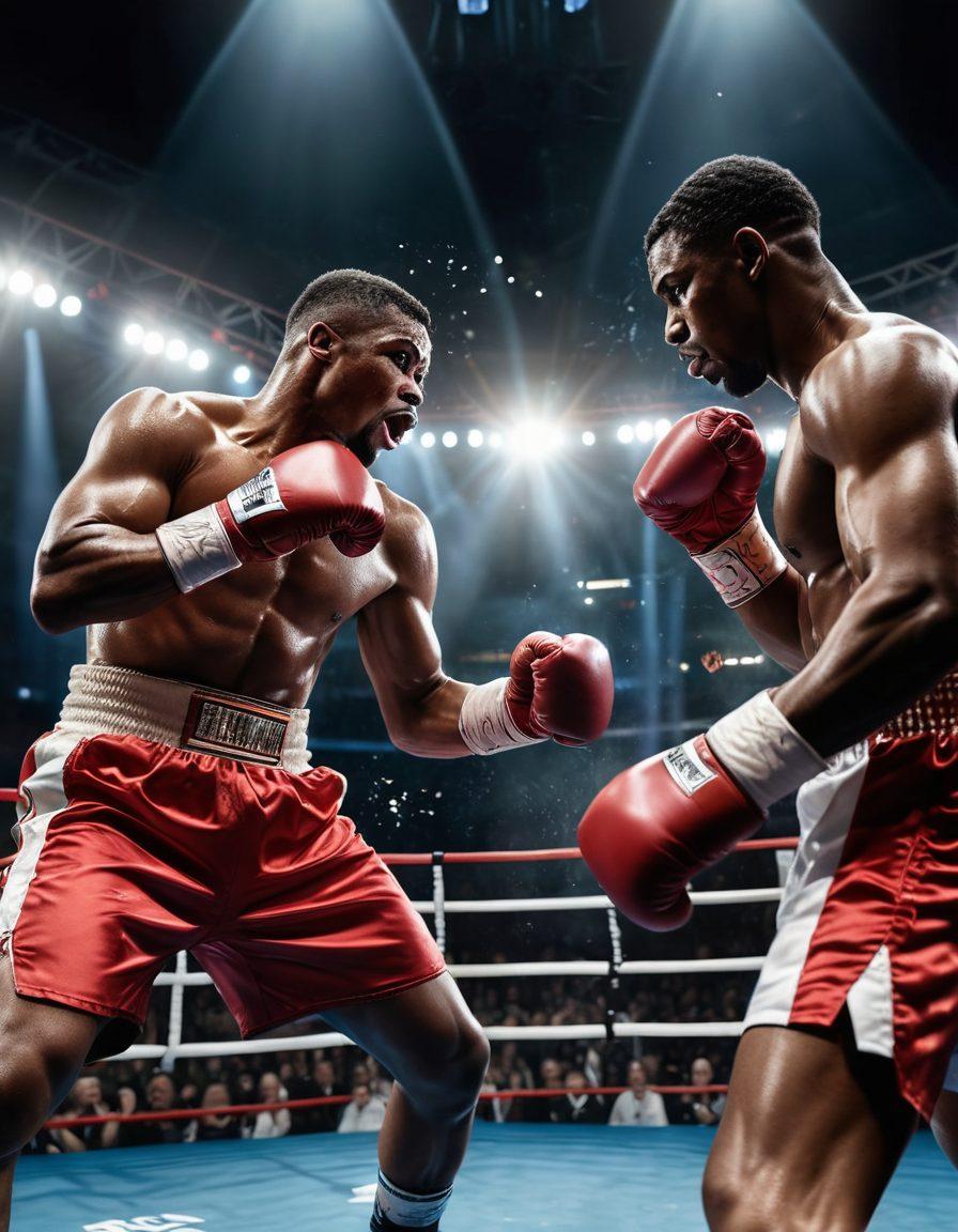 An intense scene capturing a boxing ring with two fighters in action, showcasing various boxing techniques. Surround them with dynamic movement lines to emphasize speed and power. Include a cheering crowd in the background, while highlighting a close-up of focused expressions on the fighters' faces. A split overlay featuring profiles of legendary boxers adds depth. Capture the energy with dramatic lighting and shadows. super-realistic. vibrant colors.