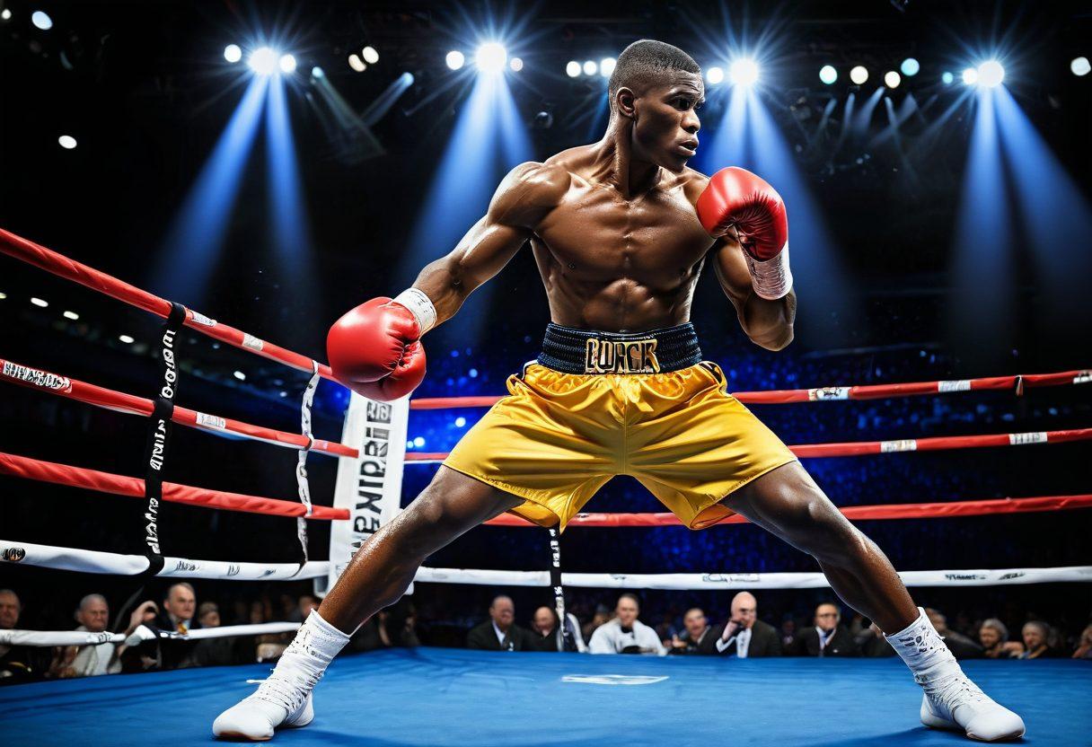 A powerful boxer in mid-punch, wearing gleaming golden gloves, surrounded by a vibrant energy aura symbolizing strength and excellence. The background features a boxing ring with cheering fans and bright lights, emphasizing the atmosphere of a championship match. Integrate elements like dynamic motion lines and motivational quotes in the air to inspire viewers. super-realistic. vibrant colors. dramatic lighting.