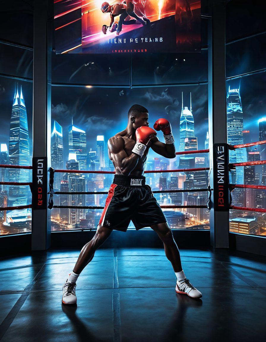 A dynamic boxing scene showcasing a fighter training in a high-tech gym, surrounded by digital displays of latest boxing news and upcoming events. The background features a vibrant city skyline, symbolizing the competitive spirit. Include energetic colors, a sense of movement, and an emphasis on discipline and strategy in boxing. super-realistic. vibrant colors. 3D.